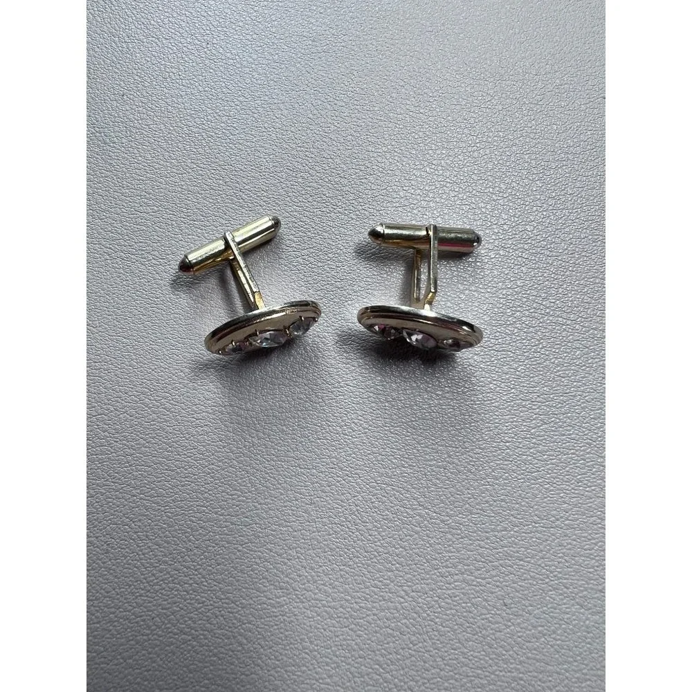 Vintage gold and crystal oval Cuff Links, round and marquis clear crystals